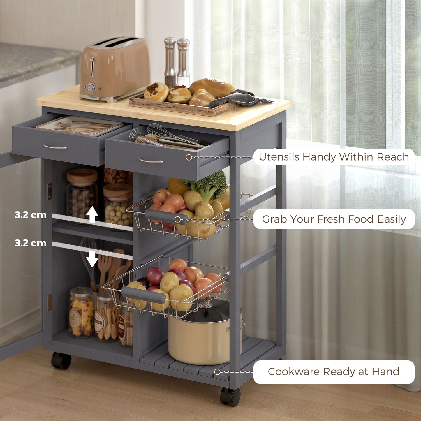 HOMCOM Bamboo Kitchen Island Rolling Trolley With Glass Door And Two Metal Wire Baskets Adjustable Shelf Grey