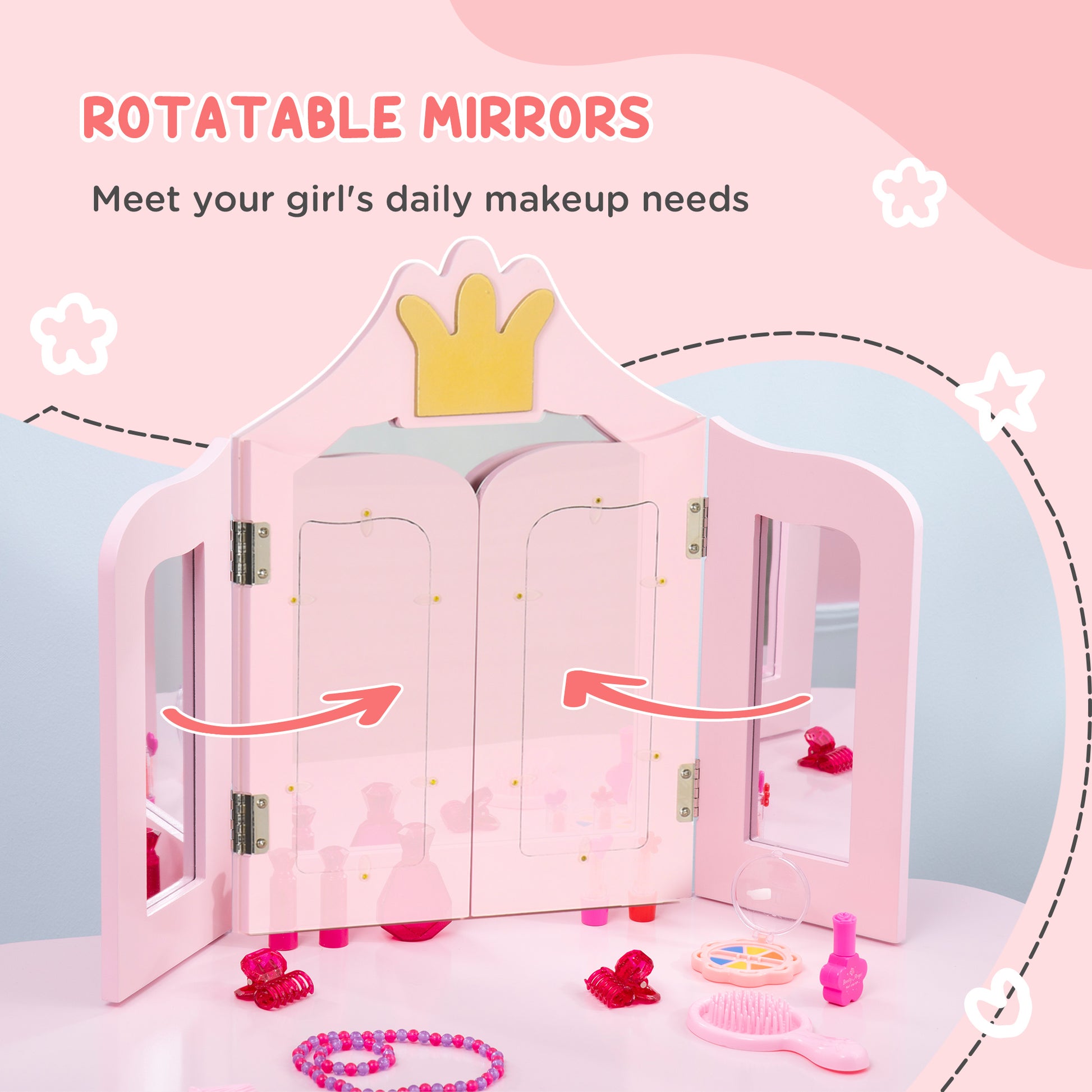 HOMCOM Princess-Themed Kids Vanity Set with Rotating Mirrors and Drawer, Pink Dressing Table and Stool for Girls - ALL4U RETAILER LTD