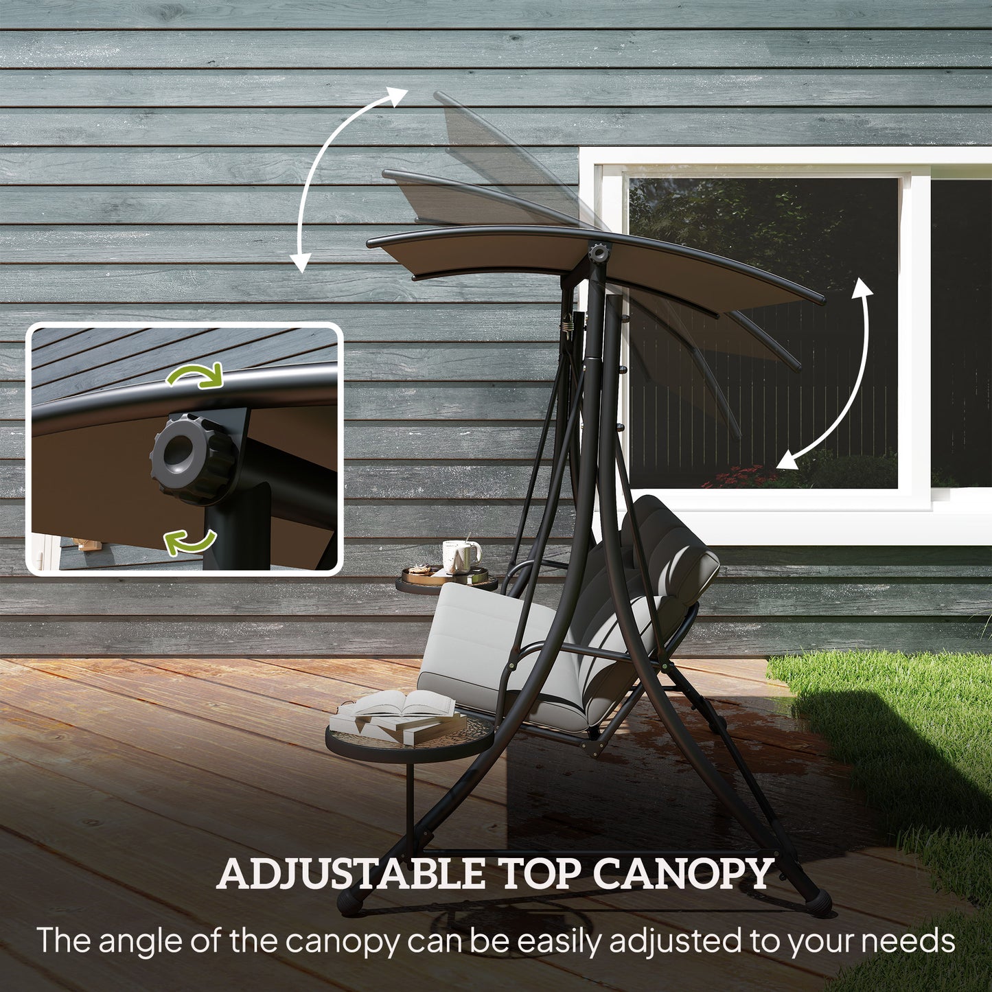 Outsunny Three Seater Garden Swing with Adjustable Canopy Black Grey Cushioned Seat and Back
