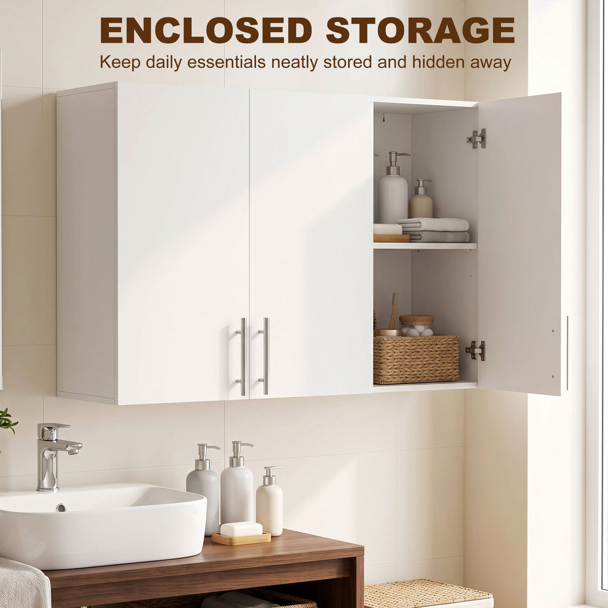 White bathroom wall cabinet with three doors and open inner shelves with items