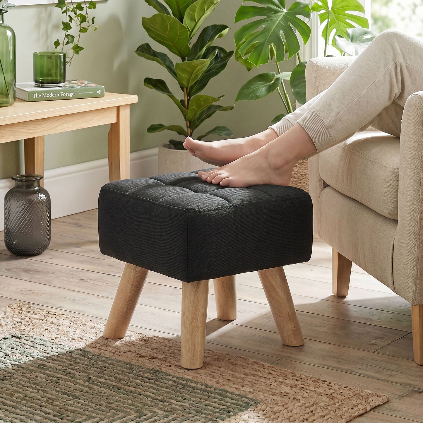 HOMCOM Linen Look Square Padded Footstool With Tufted Top And Wooden Legs For Comfort Black