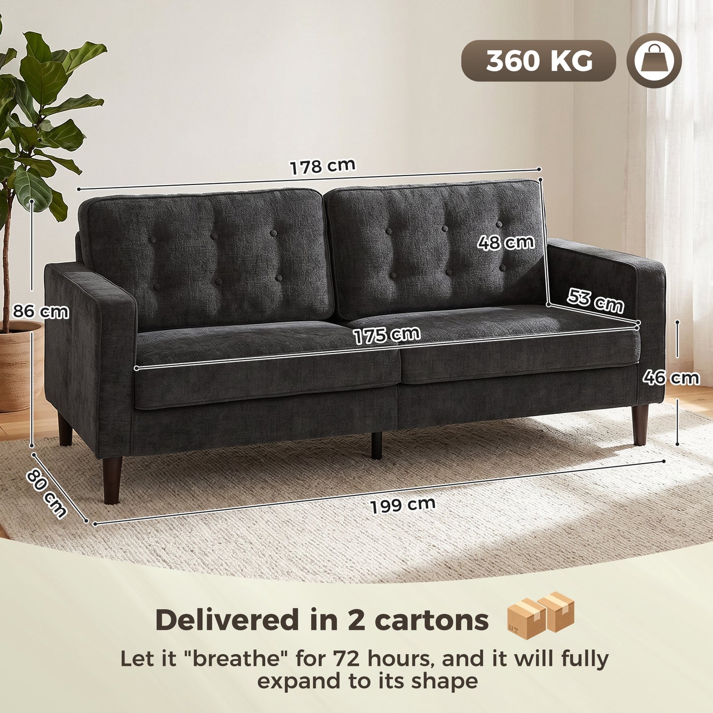 HOMCOM 3 Seater Sofa With Button Tufted Velvet Upholstery And Wood Legs For Living Room In Dark Grey