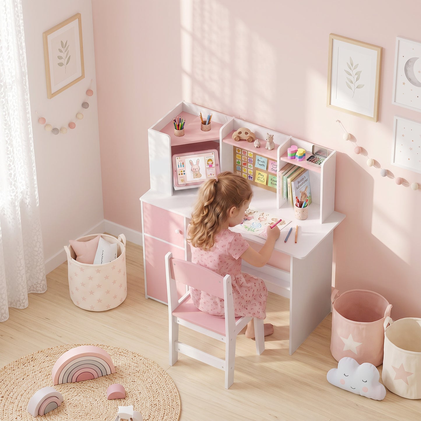 Pink Kids Desk and Chair Set with Adjustable Tablet Stand Storage Shelves