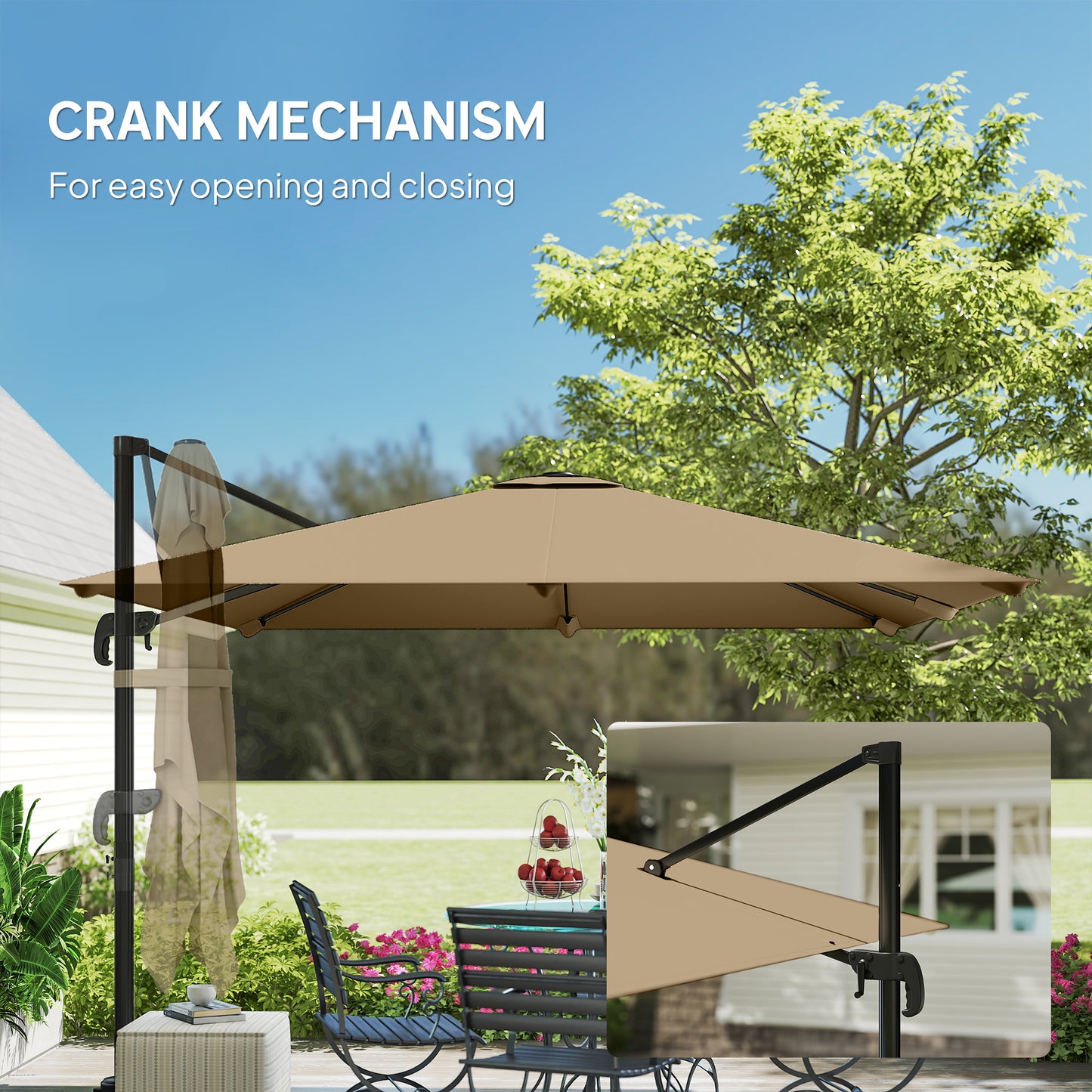 Outsunny 3x3m Cantilever Parasol Square Patio Umbrella With Crank Handle Cross Base Tilt 360 Degree Rotation Khaki