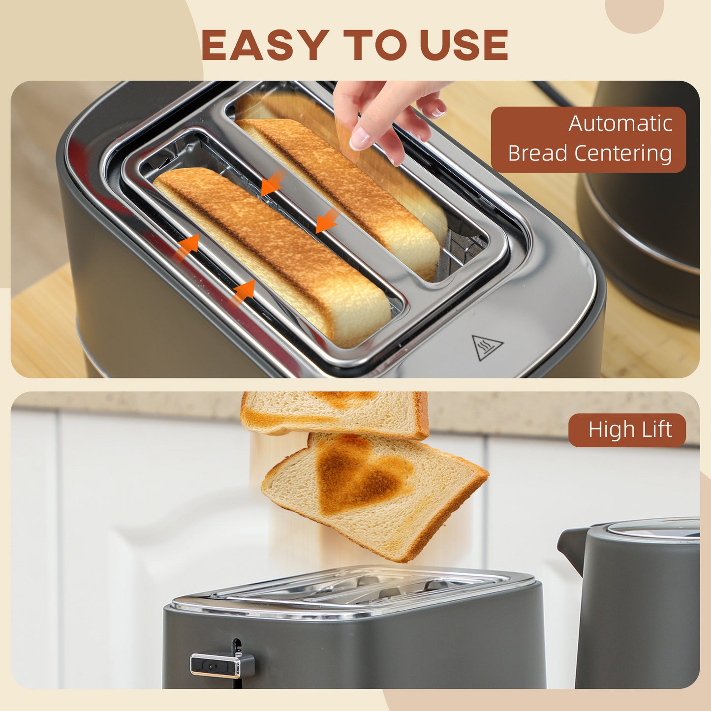 HOMCOM Kettle And Toaster Set 1.7L 3000W Fast Boil Kettle And 2 Slice Toaster With 6 Browning Levels Defrost Reheat Grey