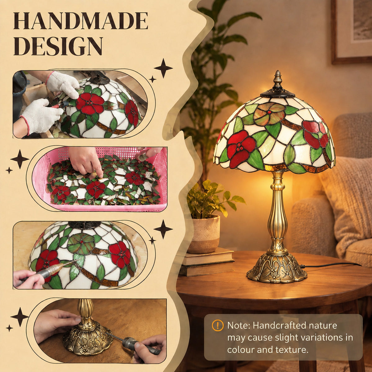 Handcrafted stained glass table lamp with red flower motif shade and brass base