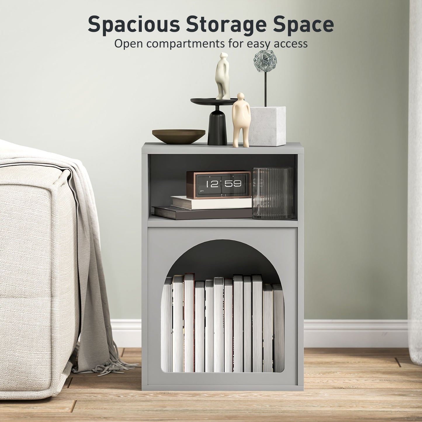 HOMCOM Bedside Table With Two Open Compartments Grey Arch Design End Table For Small Spaces