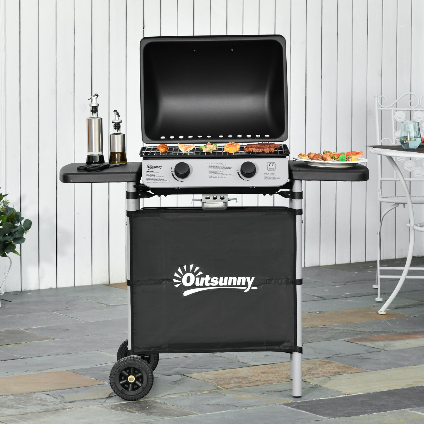 Outsunny Gas BBQ Grill With Two Point Eight kW Burners Individually Controlled And Two Extending Side Tables Grey