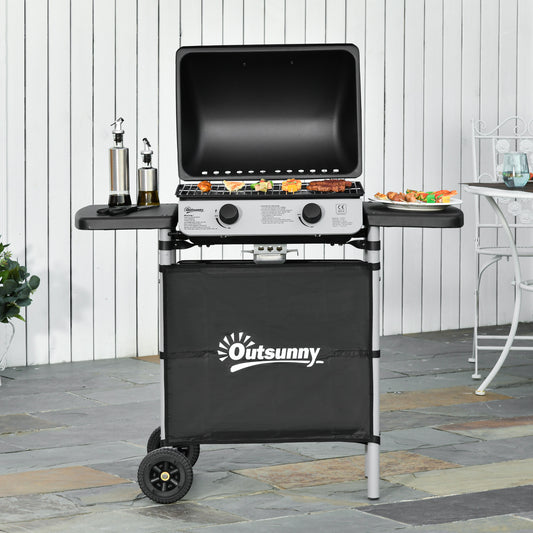 Outsunny Gas BBQ Grill With Two Point Eight kW Burners Individually Controlled And Two Extending Side Tables Grey