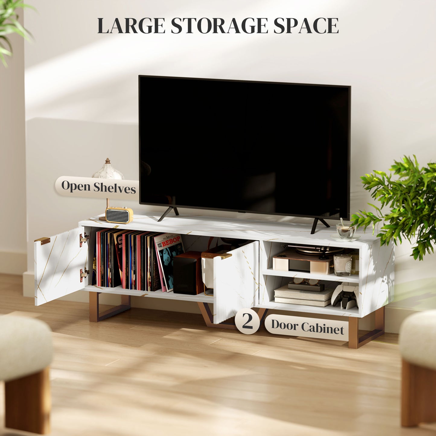 HOMCOM Marble Effect TV Unit For Up To 70 Inch TVs With Fluted Doors Open Shelves And Cable Management White