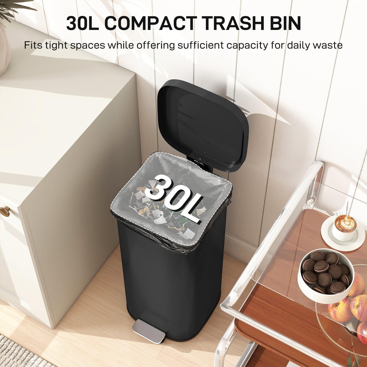 HOMCOM 30L Kitchen Bin with Pedal Soft Close Stay Open Lid Removable Inner Bucket Black