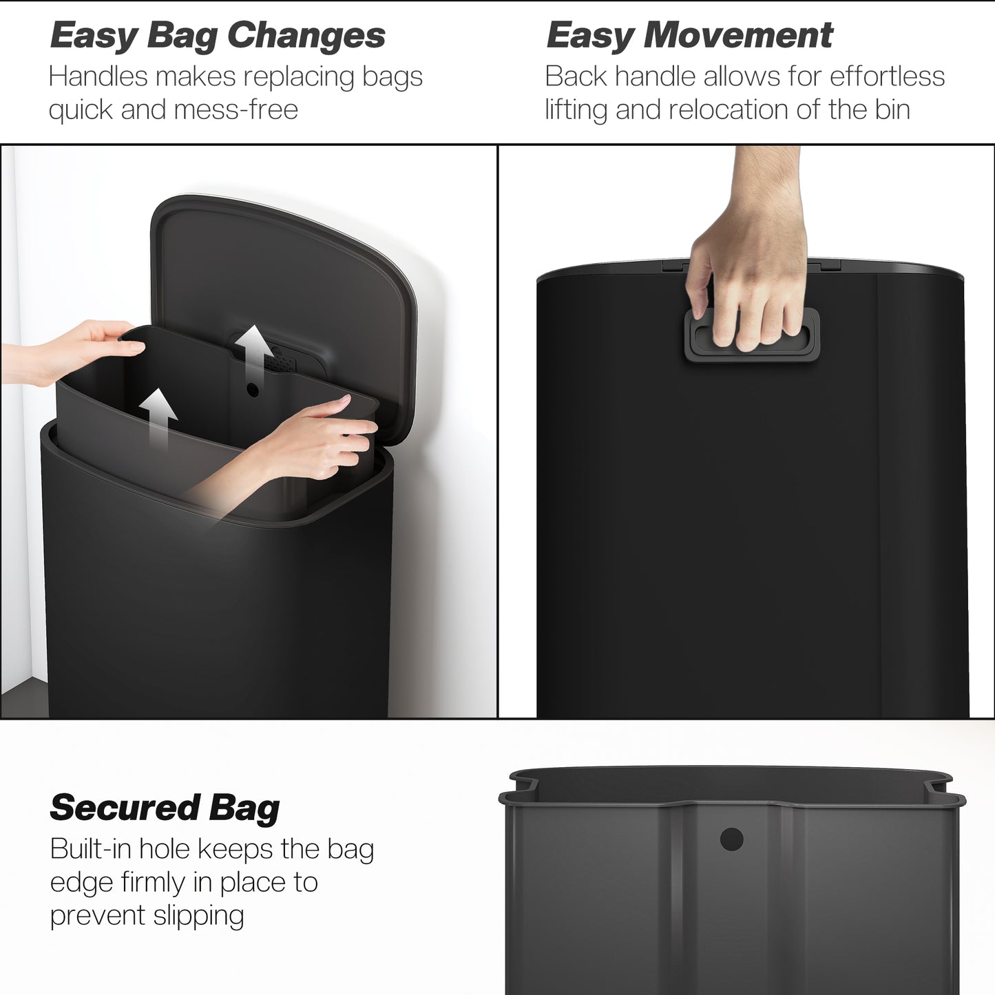 HOMCOM 50L Stainless Steel Kitchen Bin With Soft Close Lid Stay Open Pedal Bin Removable Inner Bucket Carry Handle Black