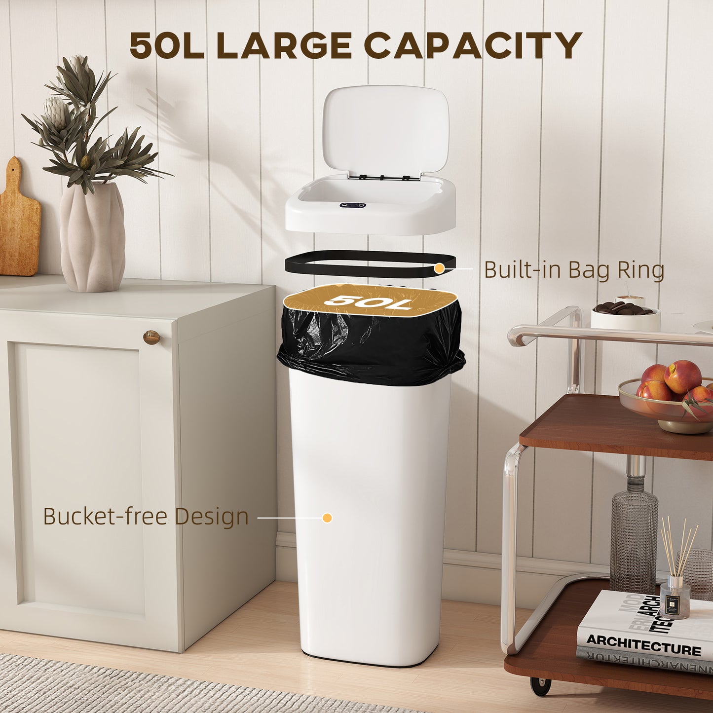 HOMCOM 50L Stainless Steel Sensor Kitchen Bin With Auto Lid And Manual Override White