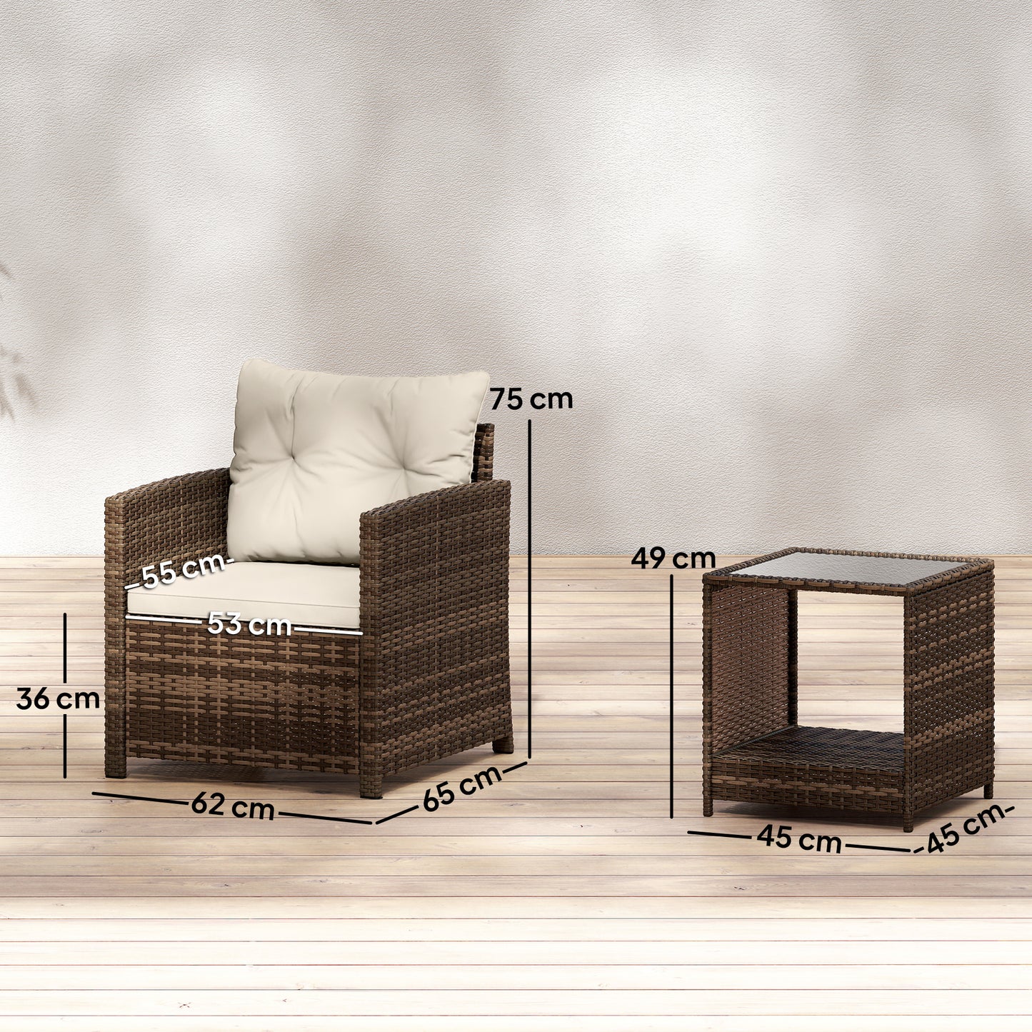 Outsunny Rattan Bistro Set 3 Piece Garden Furniture With Glass Top Table And Cushions Mixed Brown