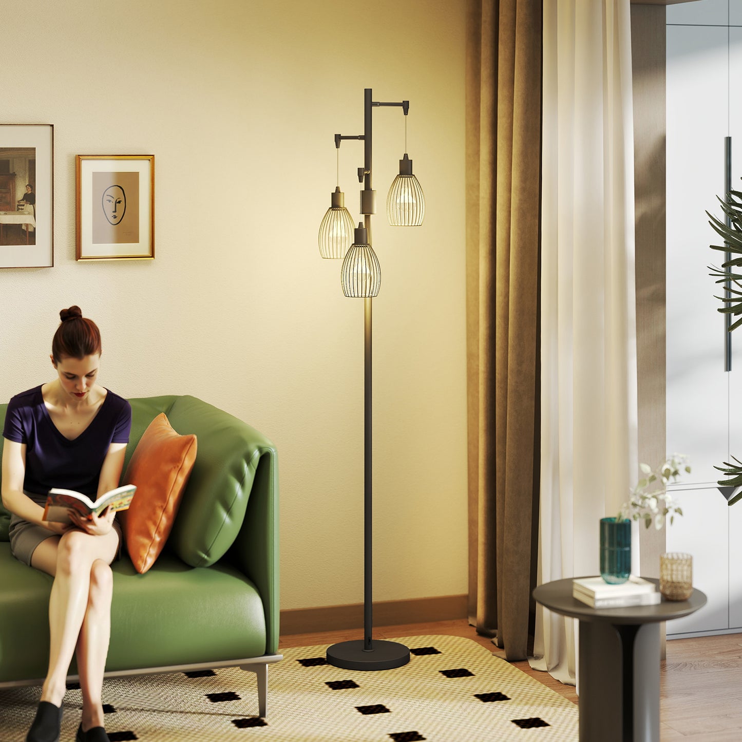 HOMCOM 3-Light LED Floor Lamp 170cm Tall 2700K Dimmable Industrial Standing Lamp with Steel Wire Cage Lampshades Black