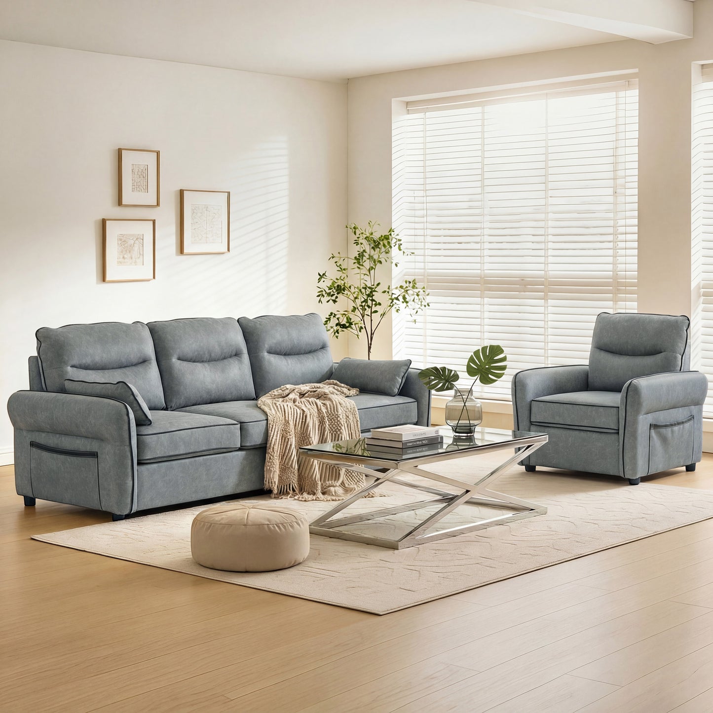 HOMCOM Accent Chair Faux Leather Armchair Grey with Black Piping Thick Foam Padding and S Springs Support