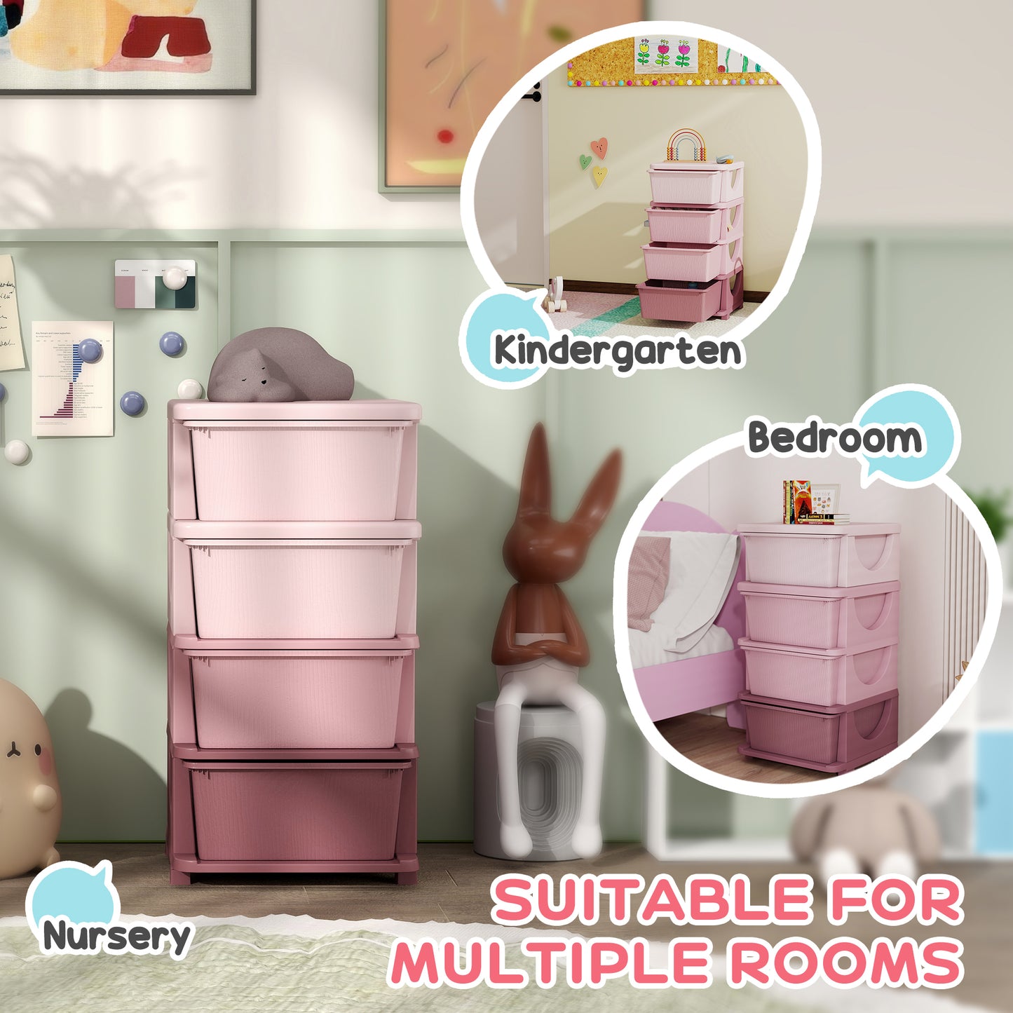 HOMCOM Four Tier Kids Storage Boxes With Four Drawers Pink Durable Plastic Toy Organizer