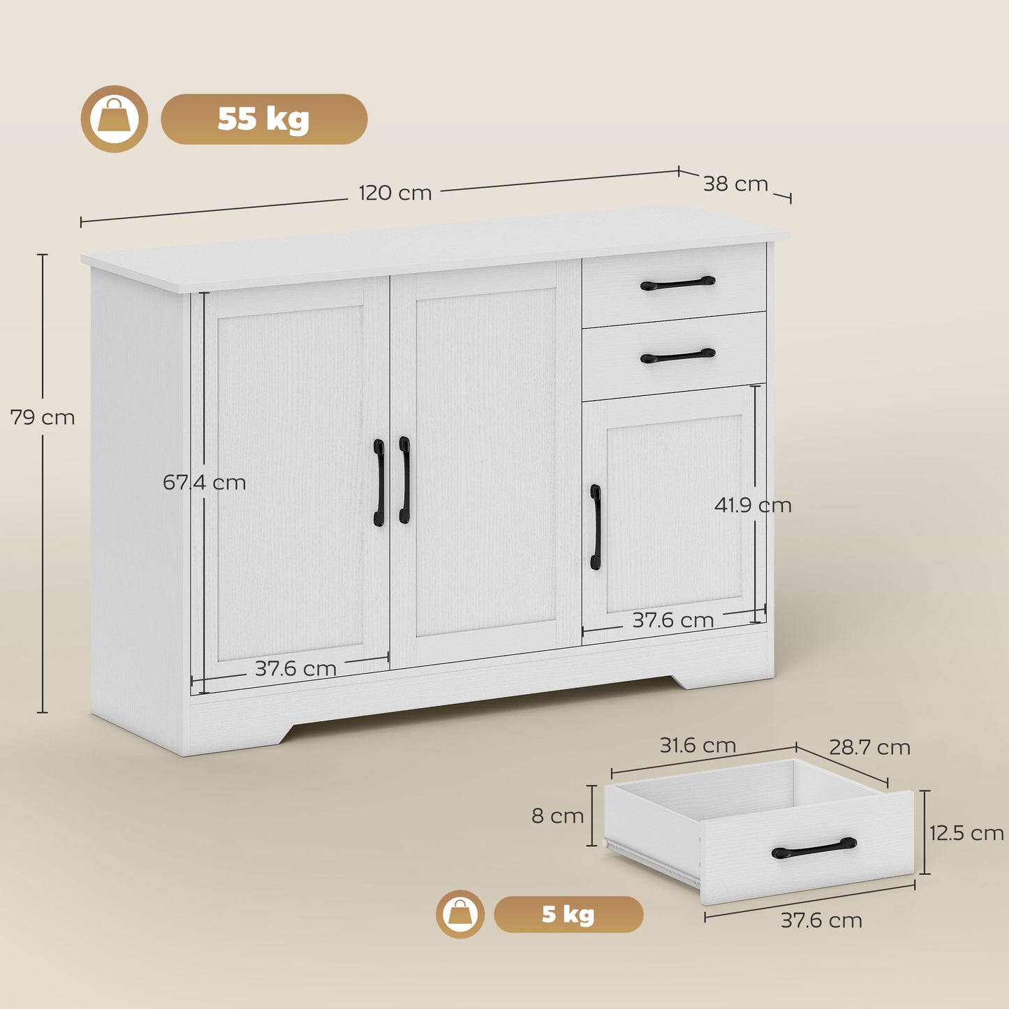 HOMCOM Sideboard With 2 Drawers And 3 Doors White Modern Storage Cabinet Kitchen Cupboard With Adjustable Shelf