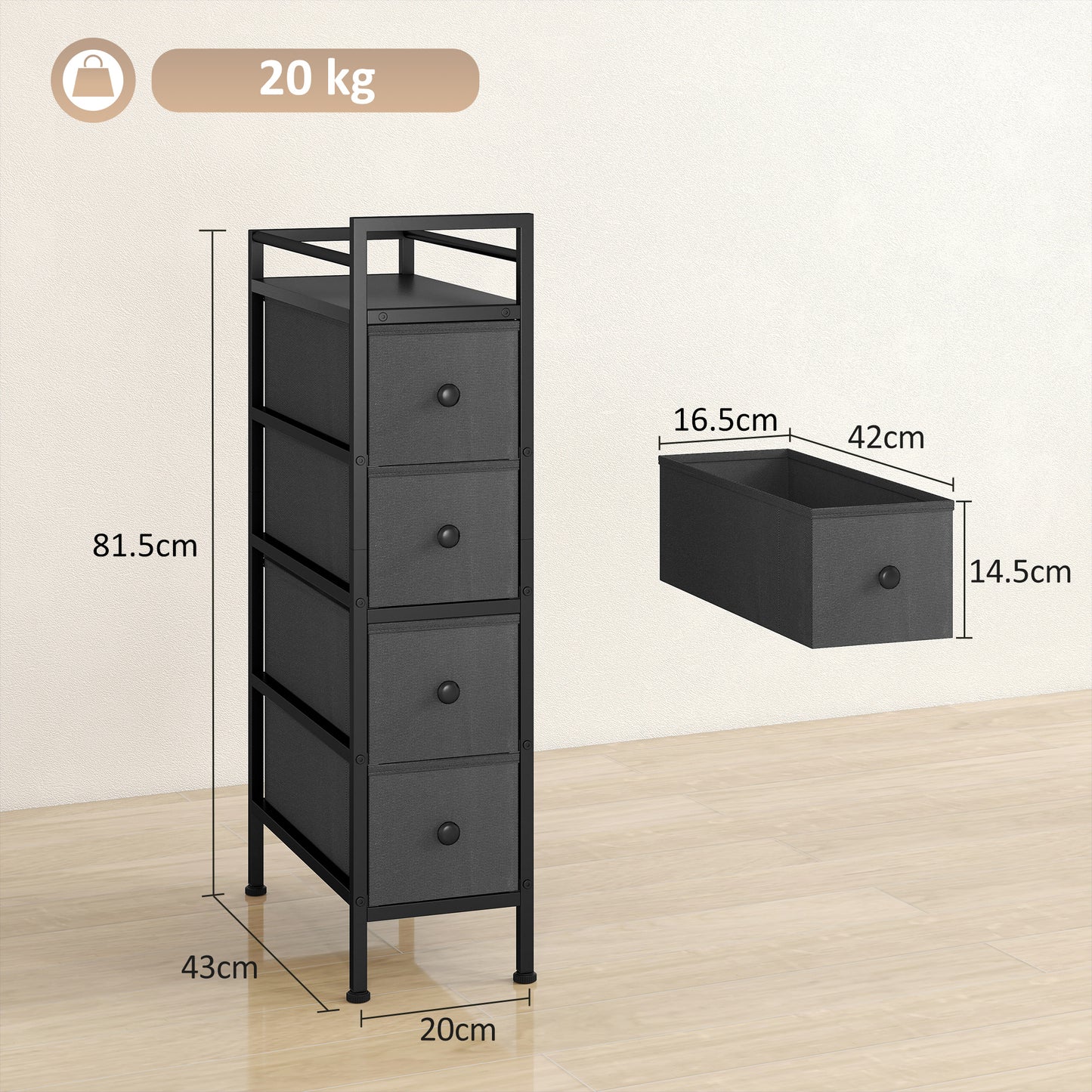 HOMCOM 4 Drawer Fabric Dresser Chest Slim Storage Cabinet With Steel Frame For Small Spaces Bedroom Black