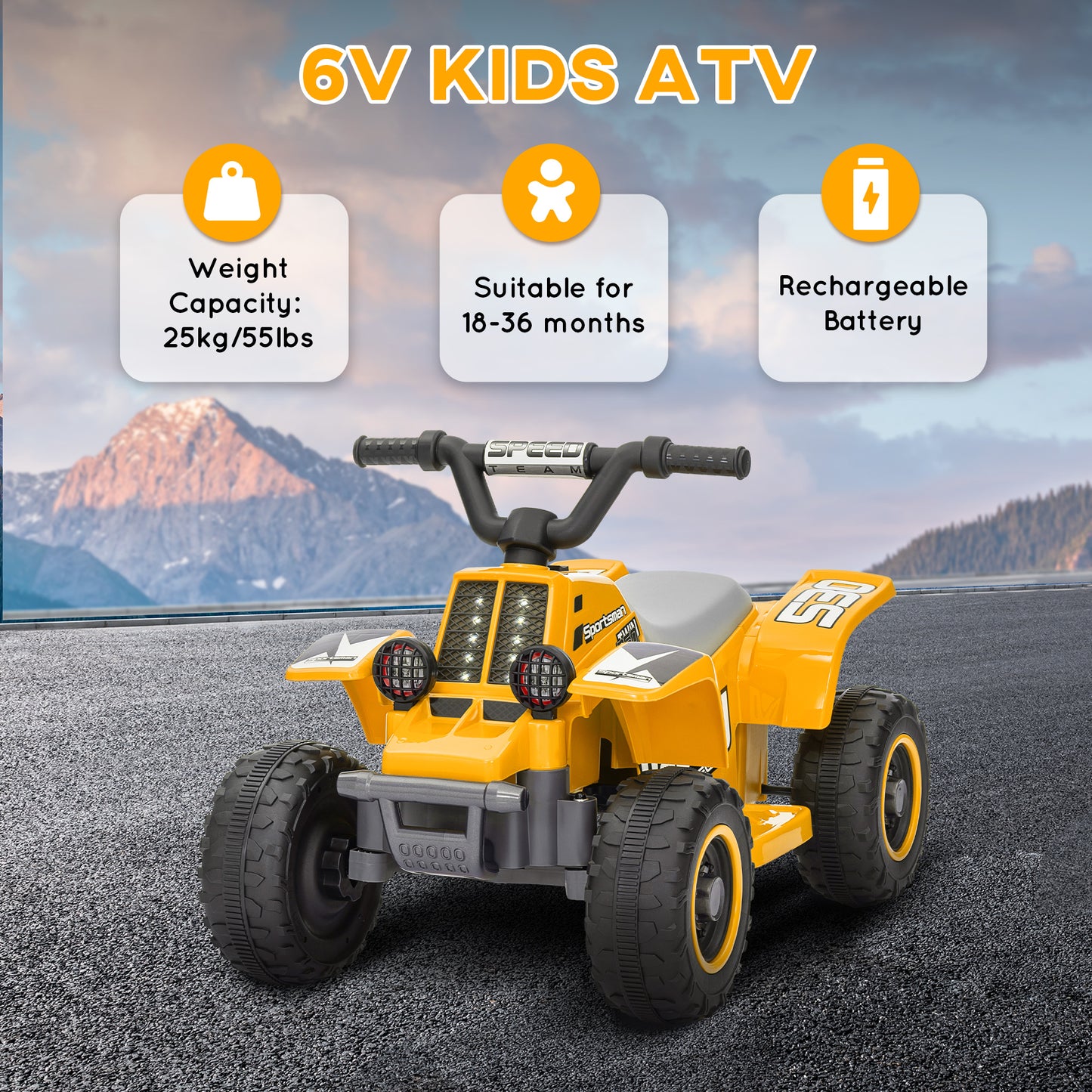 AIYAPLAY 6V Yellow Electric ATV Quad Bike for Toddlers, Safe Ride On with Headlights, Forward & Backward Motion for Ages 18-36 Months