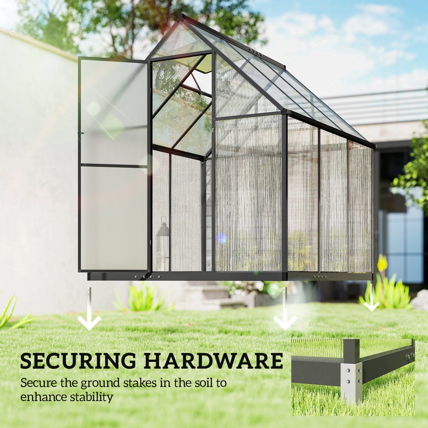 Outsunny Polycarbonate Greenhouse With Swing Door Adjustable Window Walk In Rain Gutter 5.5 By 6 Feet Black