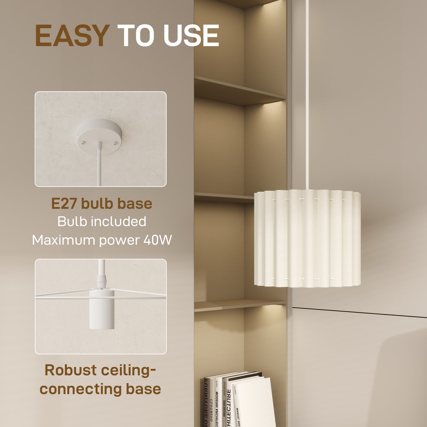 HOMCOM Linen Pendant Light With E27 Bulb Modern Hanging Ceiling Lamp White For Living Room Bedroom Kitchen Hallway