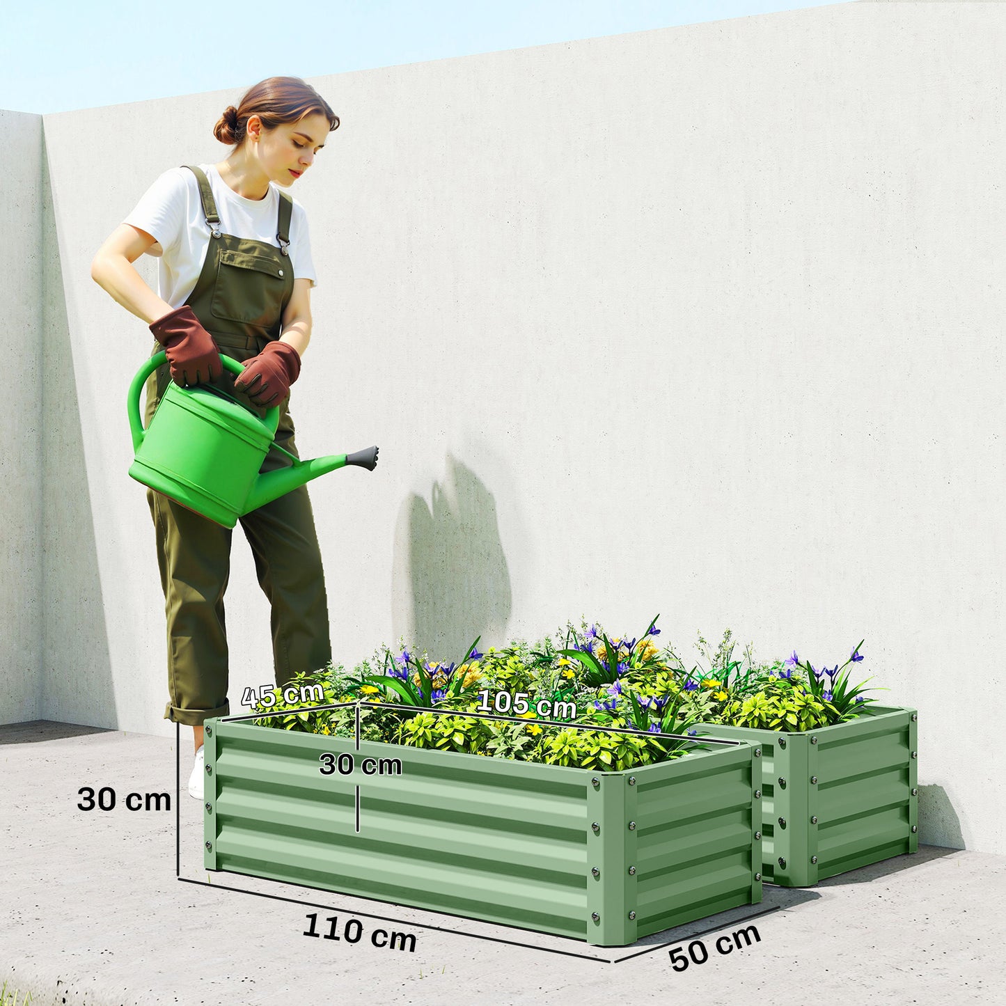Outsunny Set Of Two 110 x 50 cm Galvanised Steel Planter Boxes Light Green For Gardens And Patios