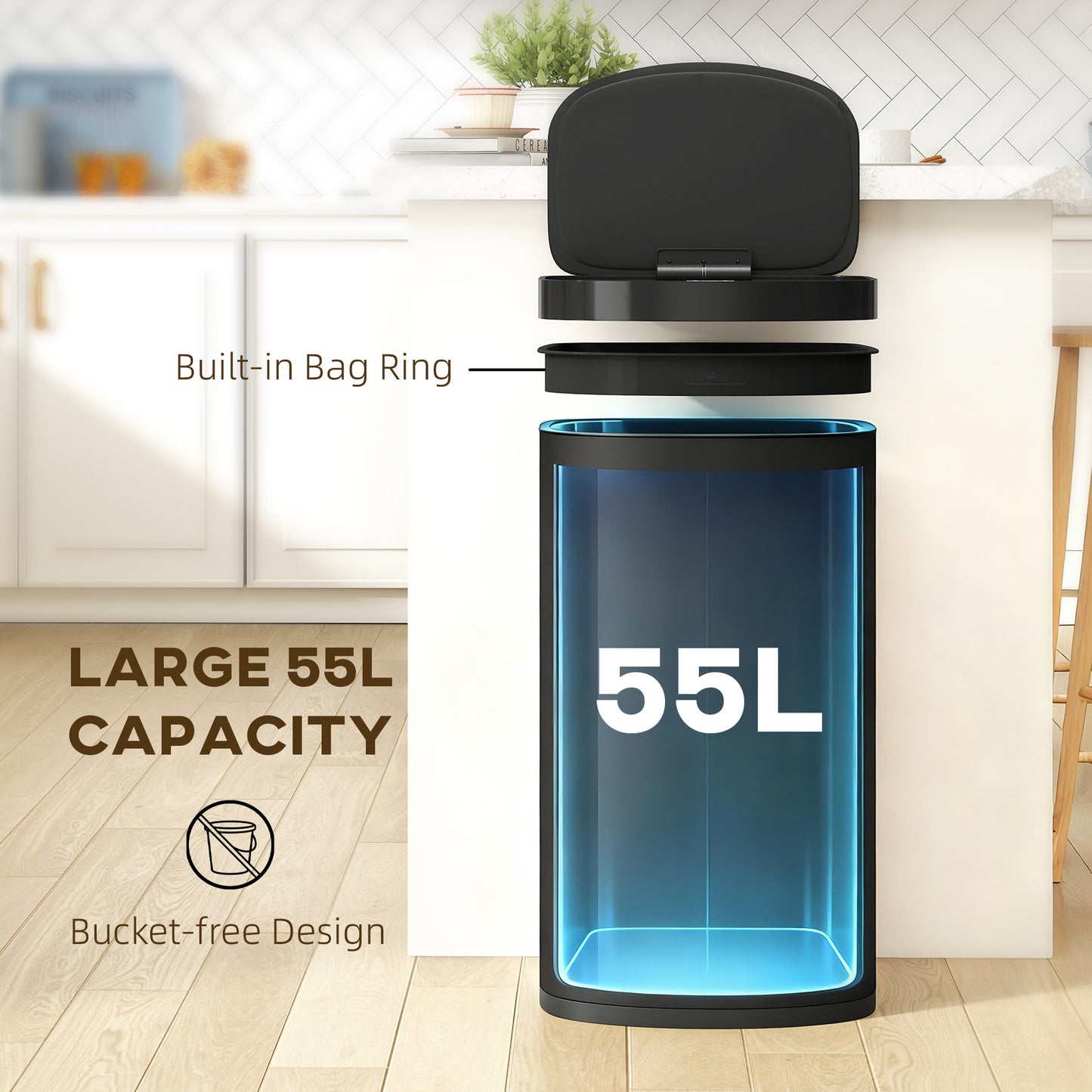 HOMCOM 55L Sensor Bin With Soft Close Lid Touchless Motion Sensor Fingerprint Resistant Stainless Steel Black