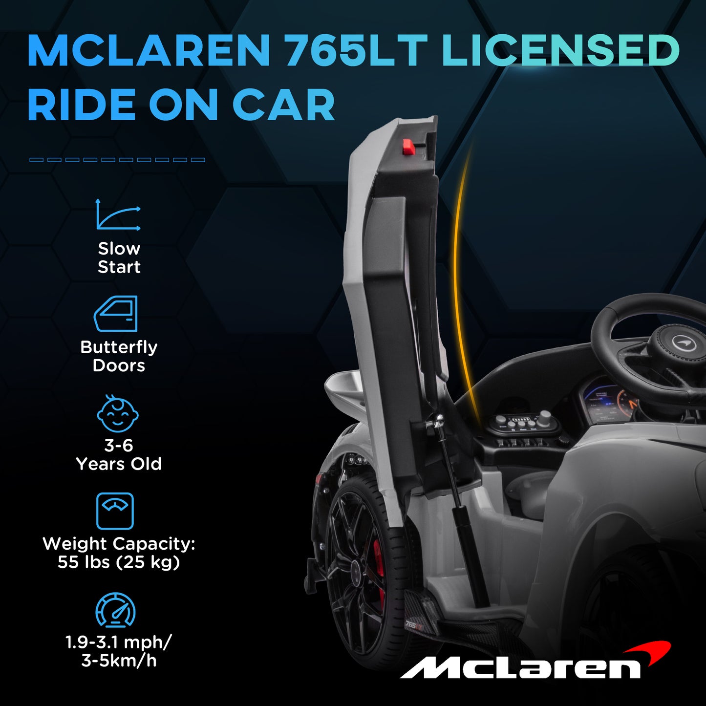 AIYAPLAY McLaren 765LT 12V Kids Electric Ride-On Car with Remote Control and Butterfly Doors - Grey