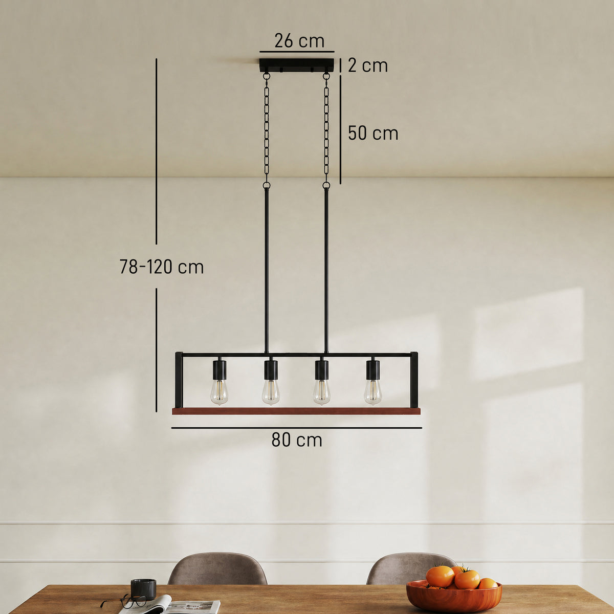 Adjustable chain pendant light with four exposed bulbs, 80 cm wide rectangular frame