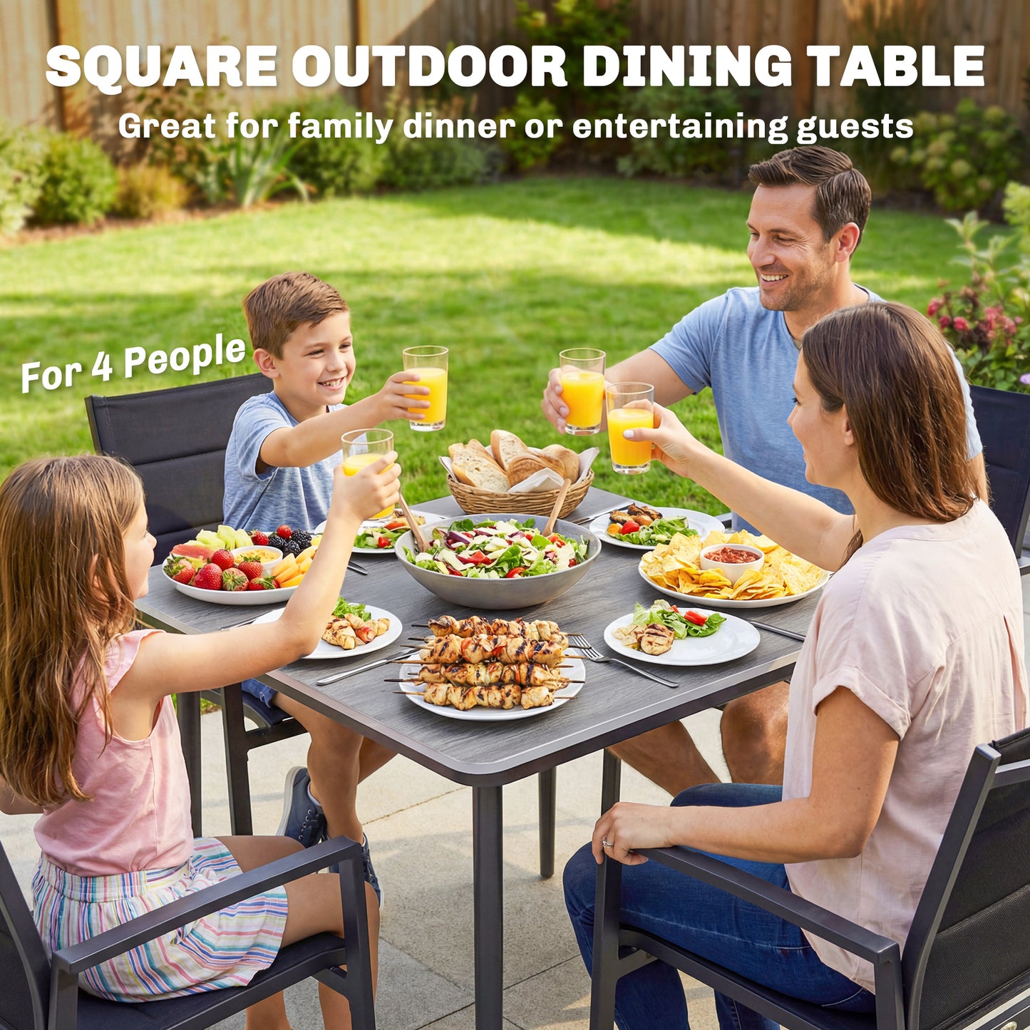 Outsunny Garden Dining Table For 4 With Umbrella Hole 85 Cm Square Faux Wood Top And Metal Legs Light Grey