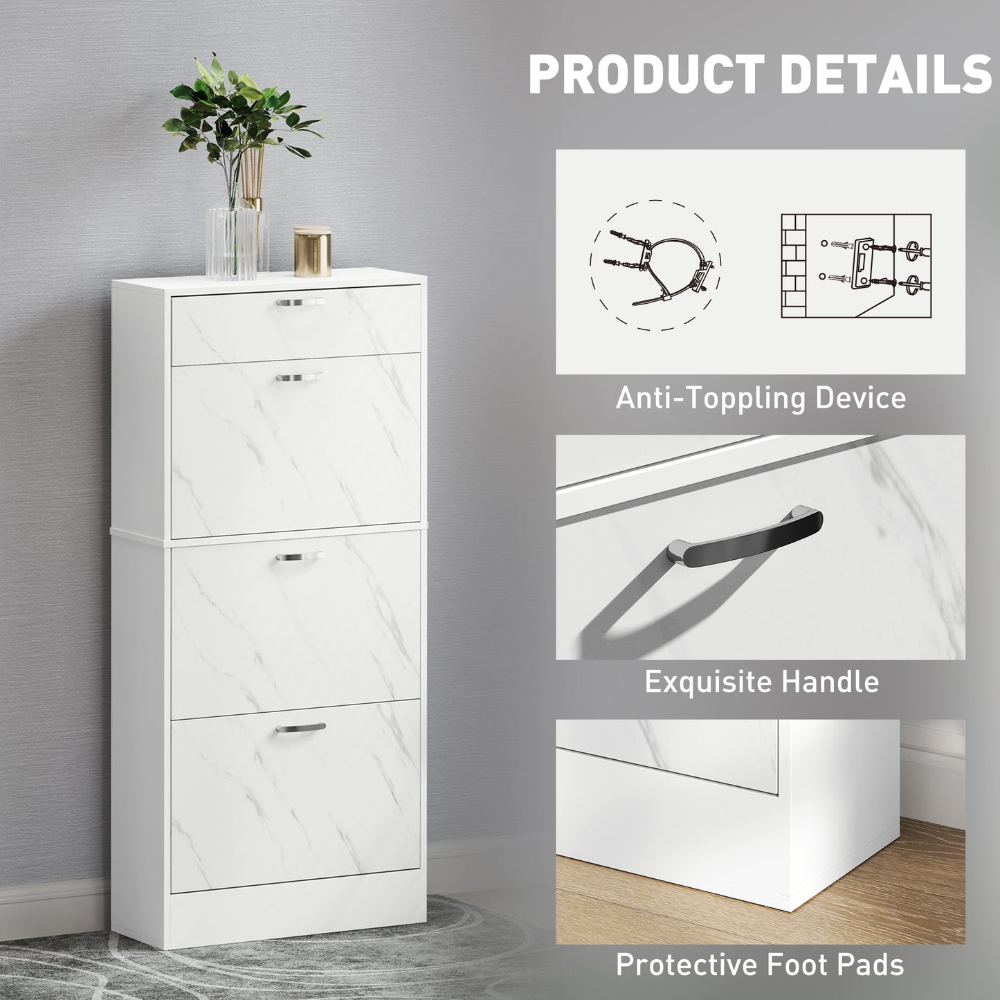 HOMCOM Marble White Shoe Storage Cabinet With 3 Flip Drawers Top Drawer And Adjustable Shelves Hallway Cabinet