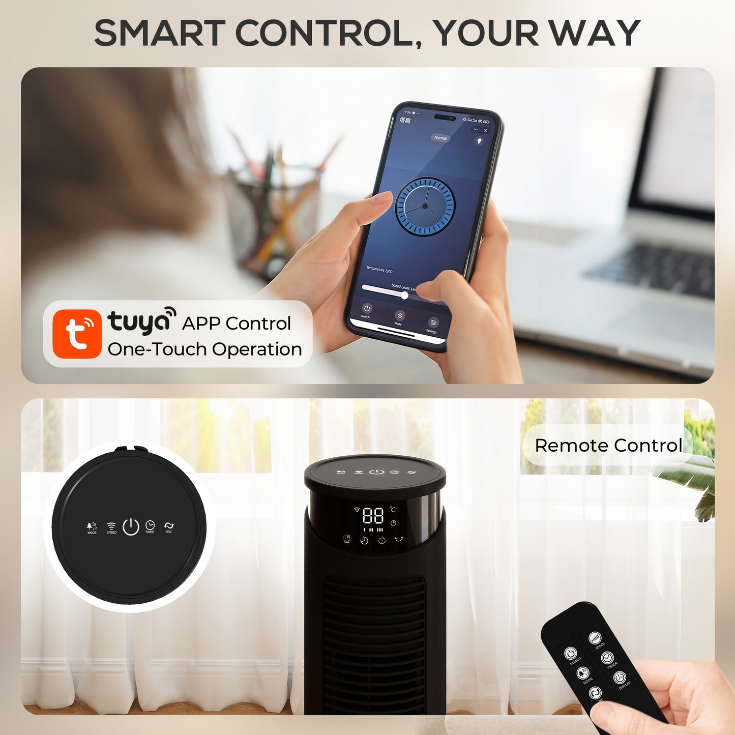 HOMCOM Tower Fan With WiFi Control And Remote 116 Cm Standing Floor Fan Black Edition