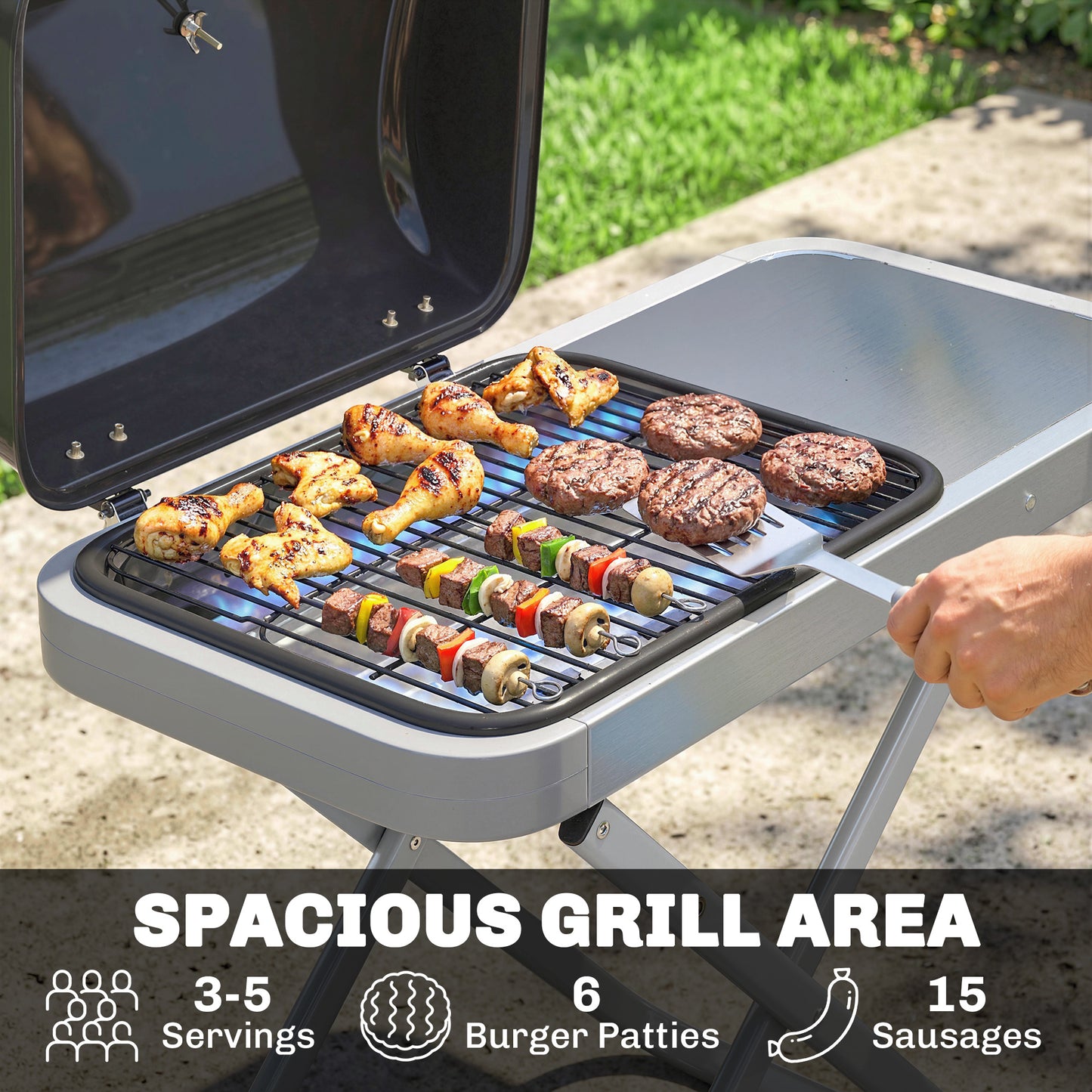 Outsunny Foldable Gas BBQ Grill With Side Table Portable 2.5 KW Thermometer Grease Box Wheels Black