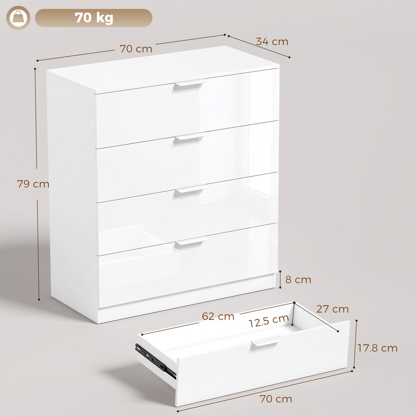 Homcom High Gloss 4 Drawer Chest Of Drawers White Bedroom Storage