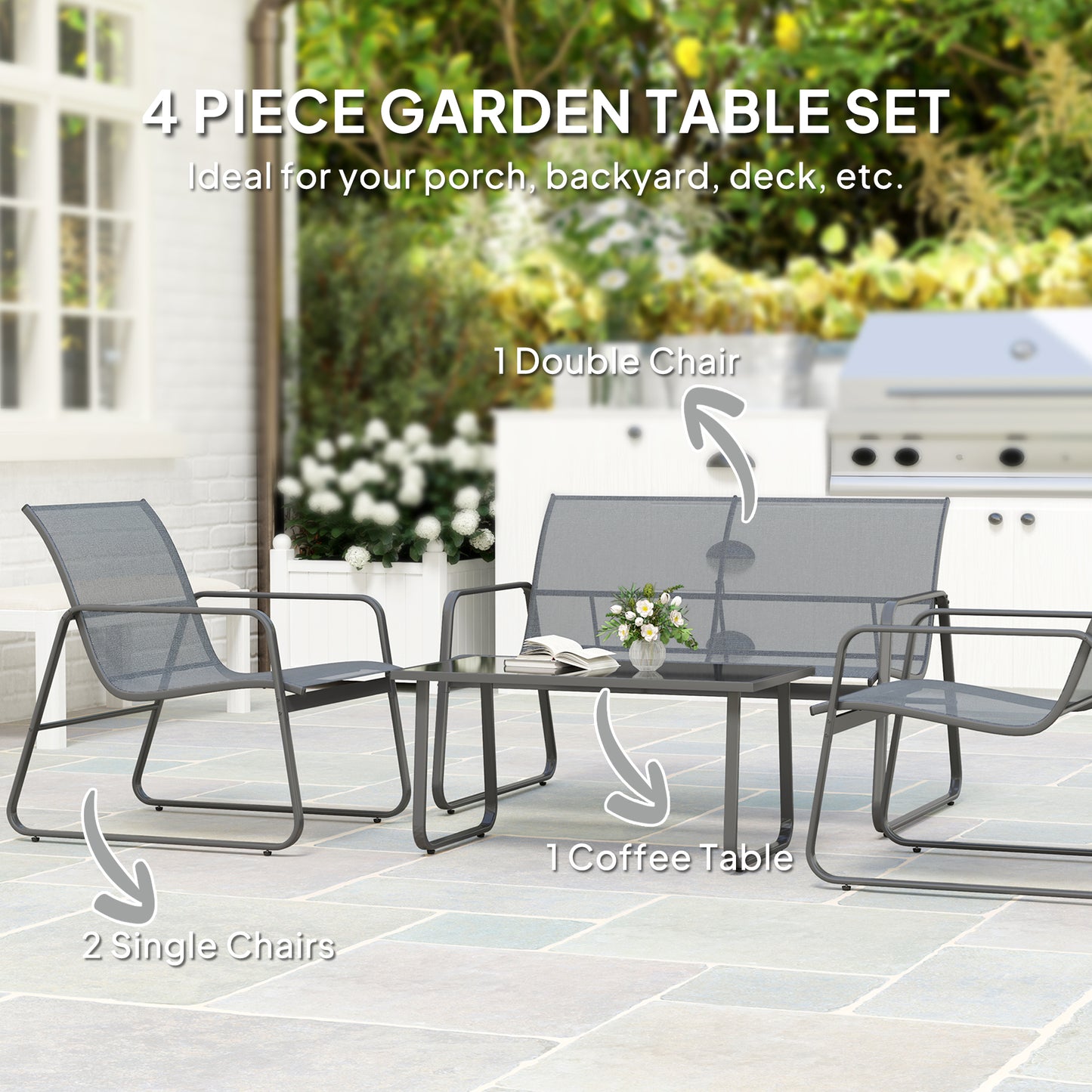 Outsunny Four Piece Minimalistic Garden Sofa Set With Two Chairs And Coffee Table In Light Grey