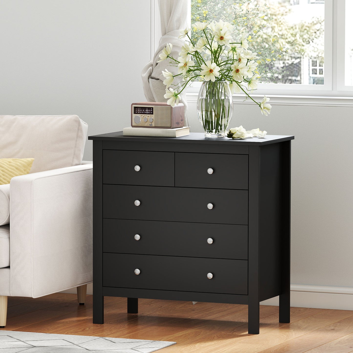 HOMCOM Five Drawer Dresser Chest of Drawers in Black for Bedroom Living Room Hallway with Round Knobs