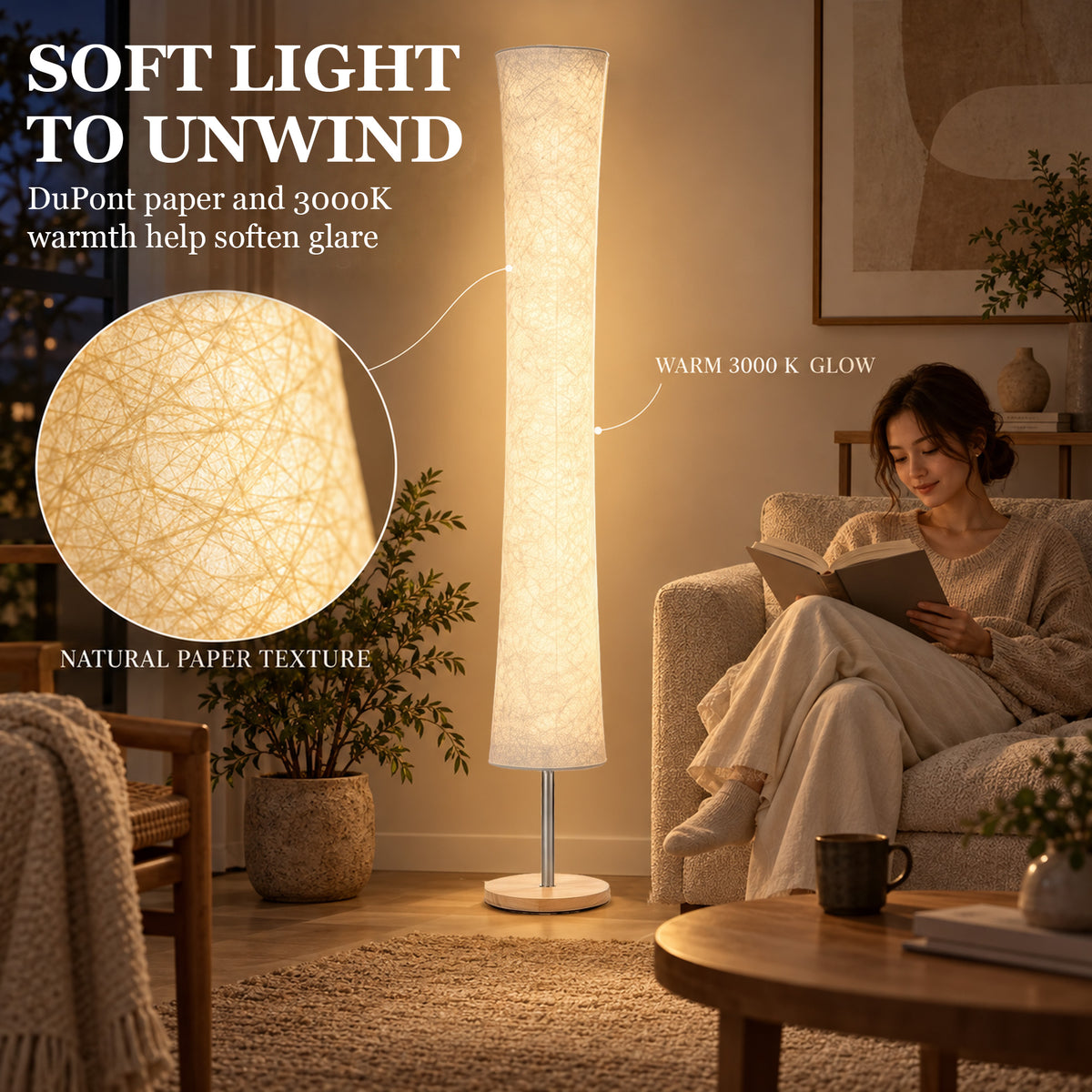 Floor lamp with warm glowing paper shade and pine base
