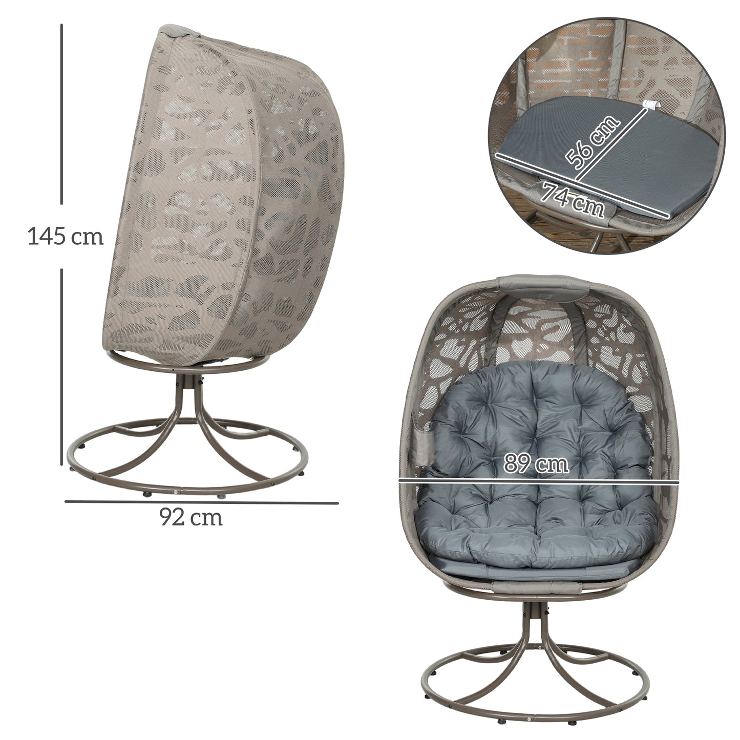 Outsunny Swivel Egg Chair with Cushions Grey Metal Frame Indoor Outdoor Lounge Chair for Patio Balcony Living Room