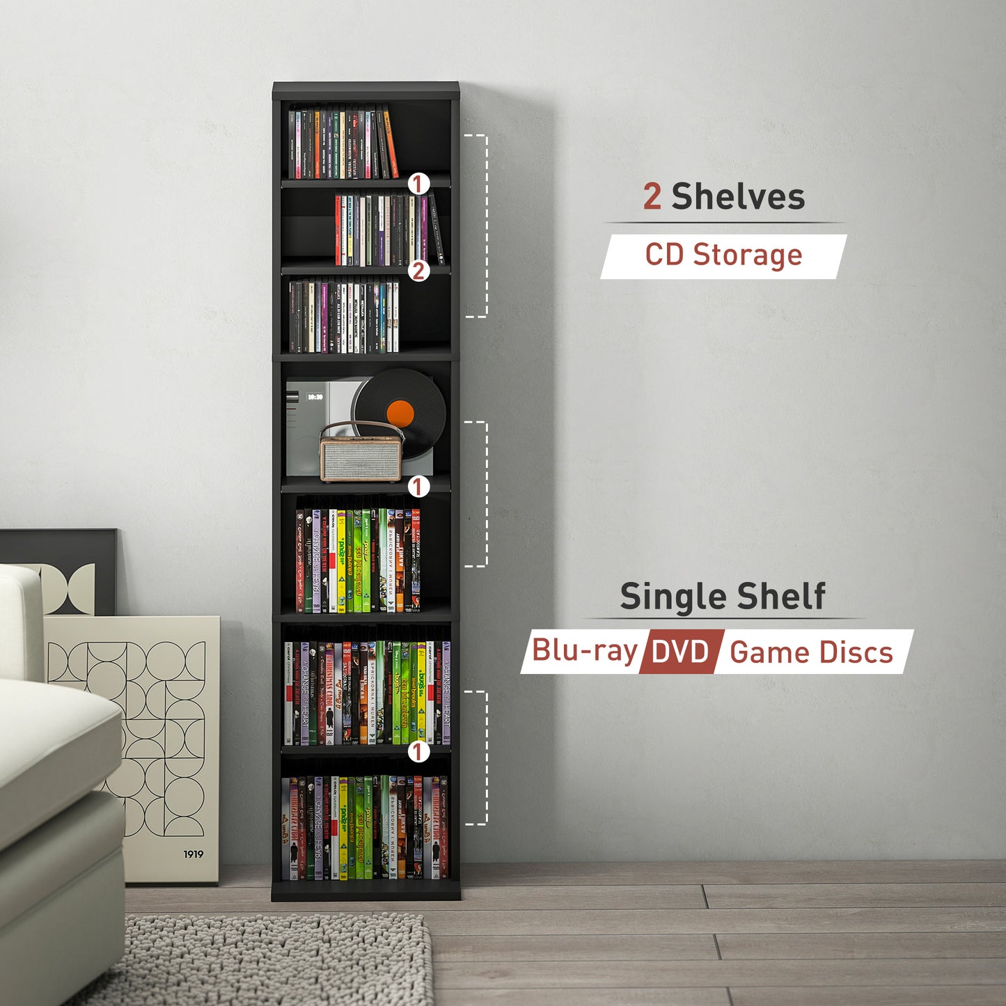 HOMCOM 260 Narrow CD Storage Unit Black With Six Adjustable Shelves Holds 260 CDs or 120 DVDs