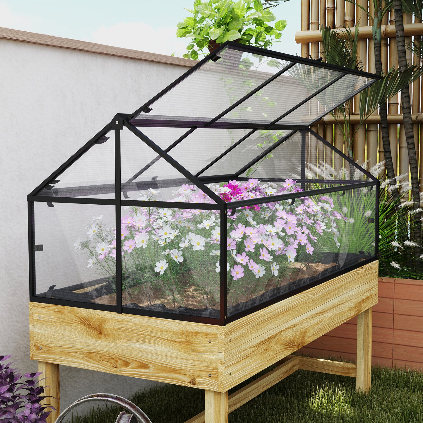 Outsunny 60 By 120 Cm Raised Garden Bed With Wooden Base Natural Finish Includes Protective Cover And Vented Panel