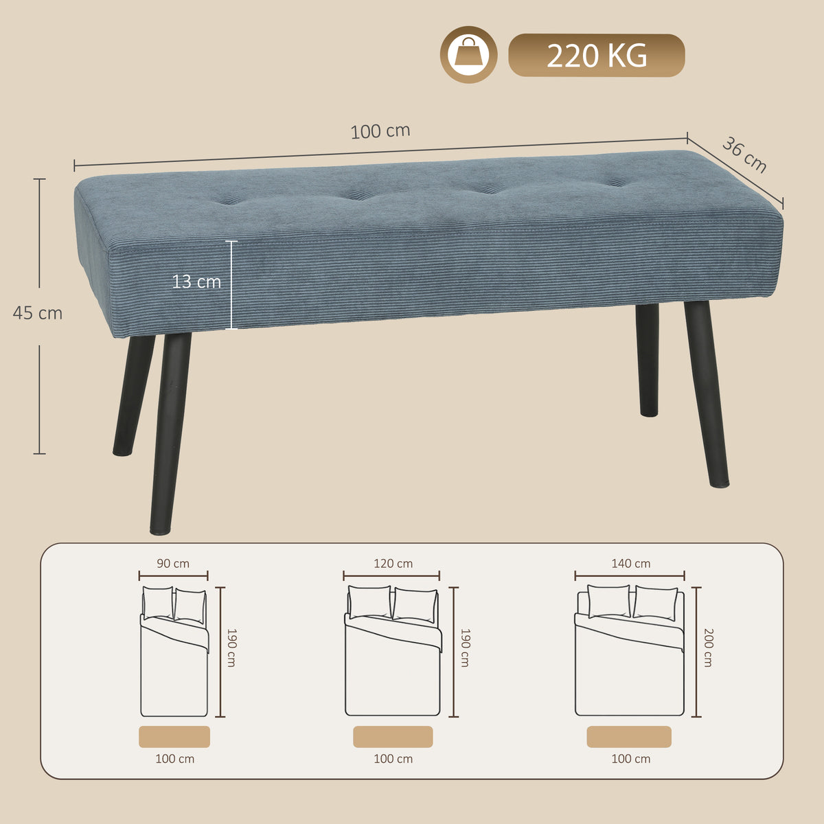 HOMCOM Blue Corduroy Tufted End Of Bed Bench With Padded Seat And Steel Legs
