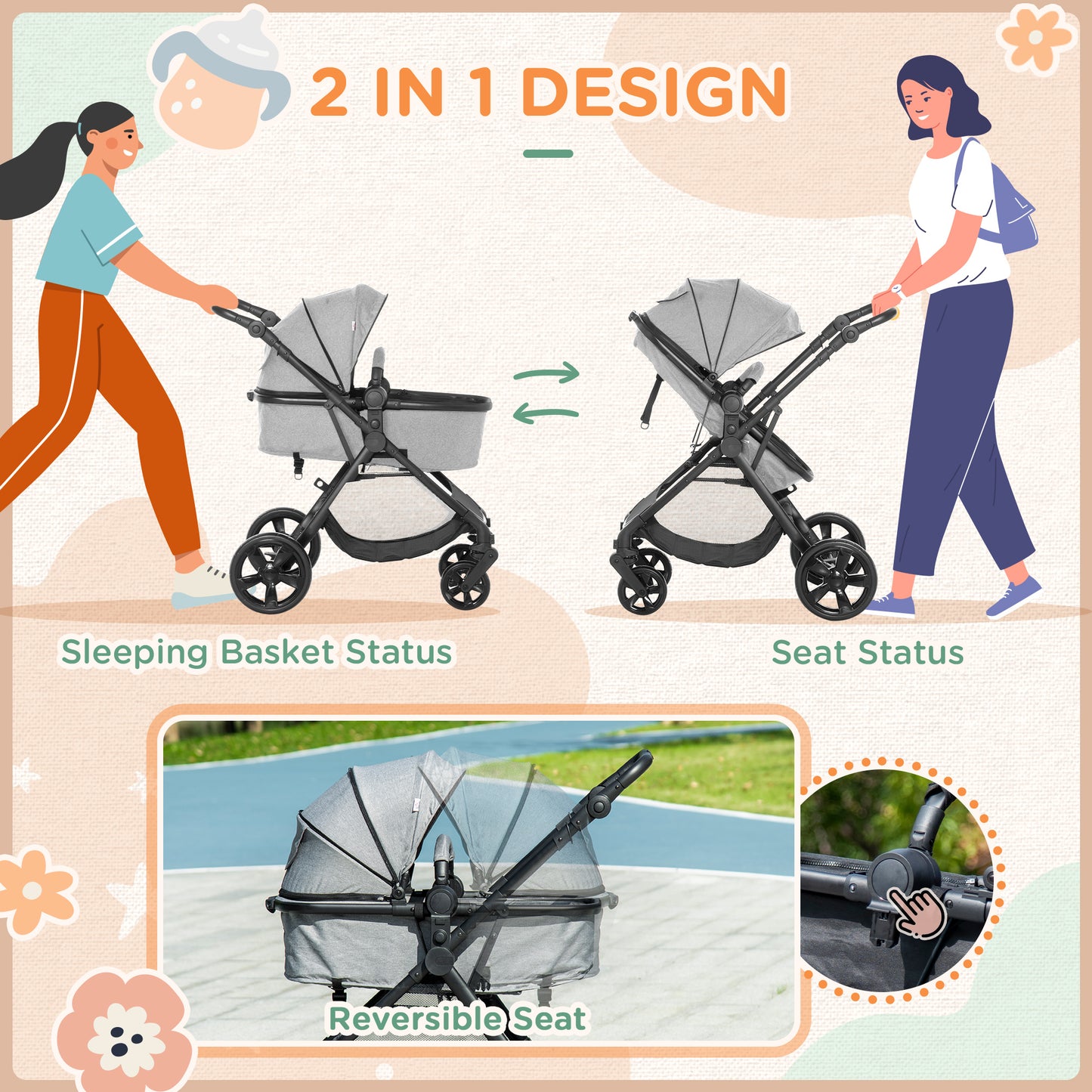 HOMCOM 2-in-1 Lightweight Pushchair with Reversible Seat and Fully Reclining Design for Infants to Toddlers, Grey - ALL4U RETAILER LTD