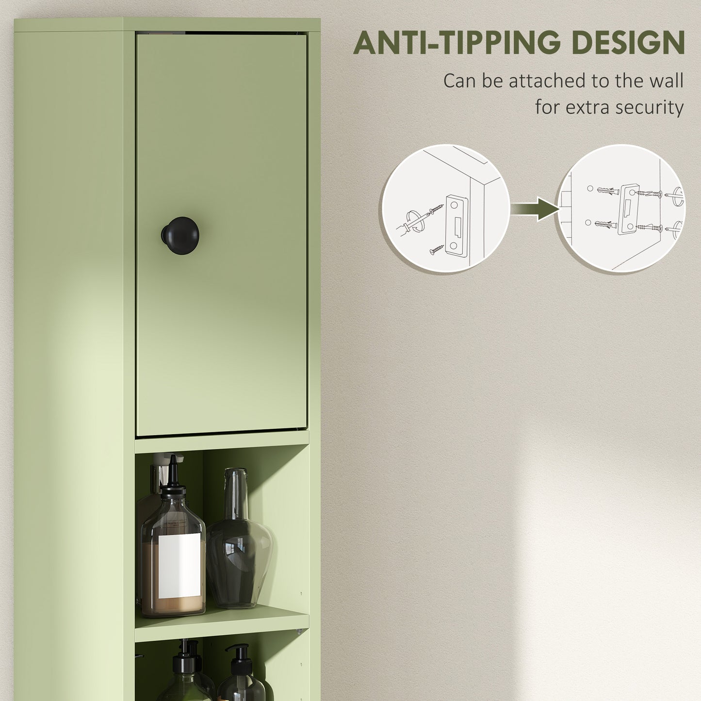 Kleankin 180cm Slim Bathroom Cabinet With Drawer Shelves And Cupboards For Tall Narrow Storage Green