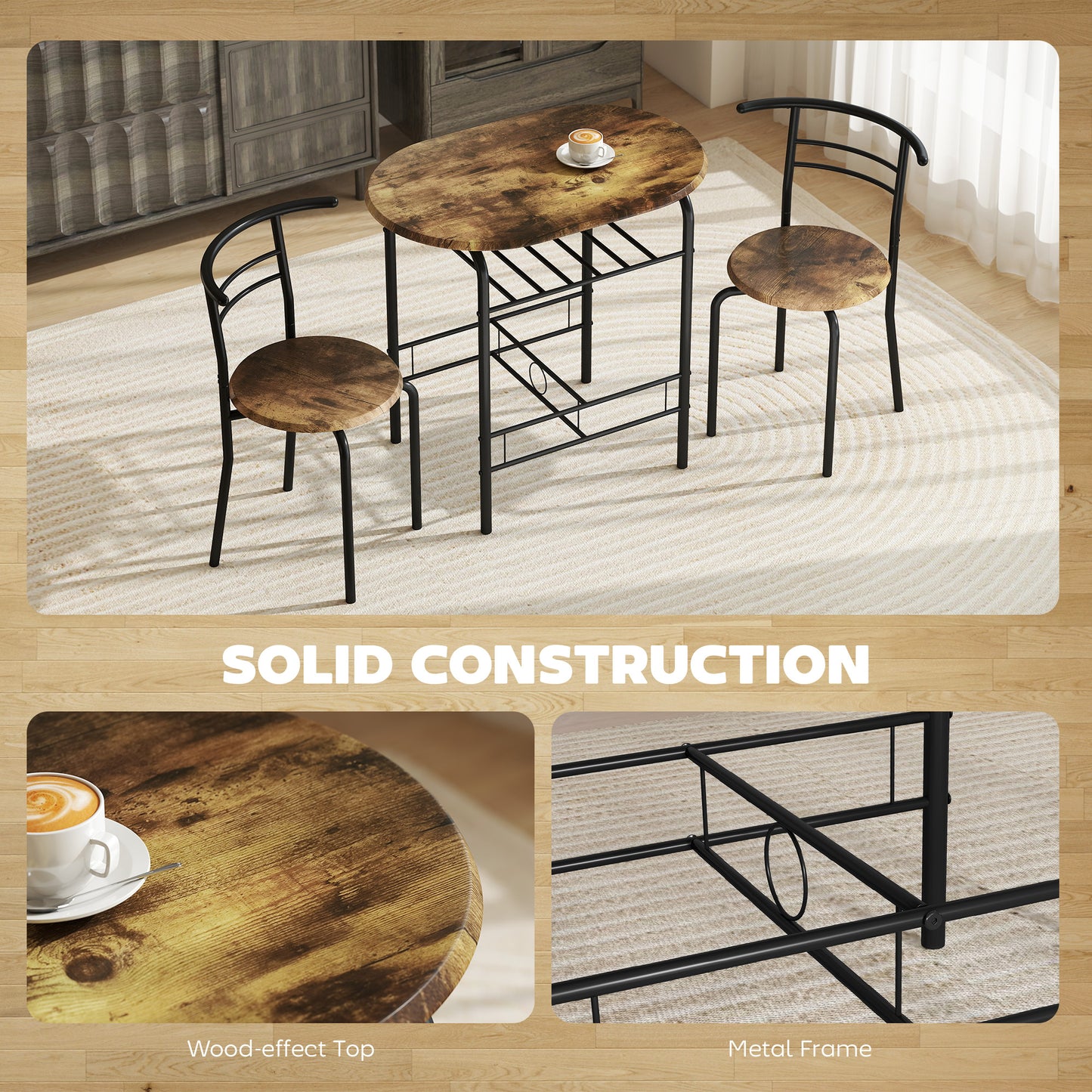 HOMCOM Three Piece Compact Dining Set With Two Chairs And Table In Rustic Brown Metal Frame And MDF Tops Space Saving