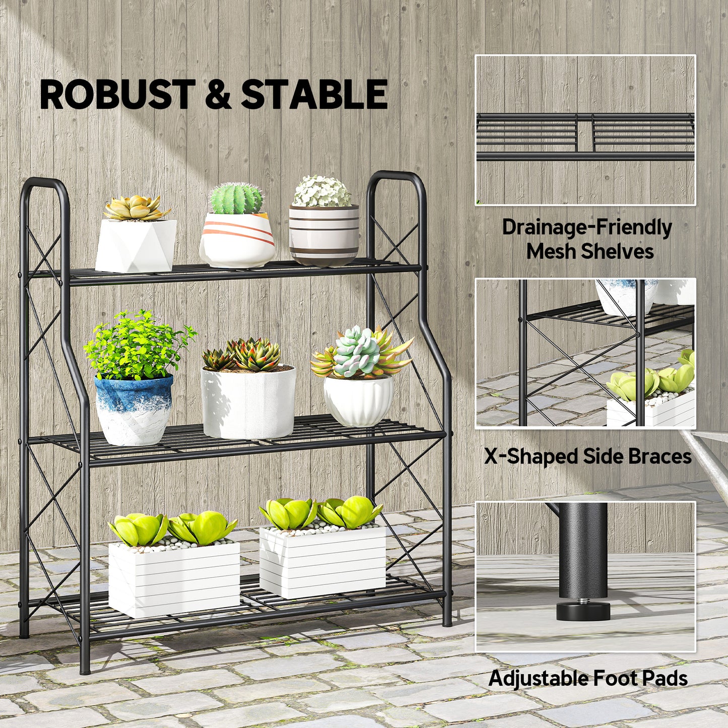 Outsunny 3 Tier Metal Plant Stand Heavy Duty Ladder Shelf Potted Plants Display Rack Indoor Outdoor Flower Pot Holder