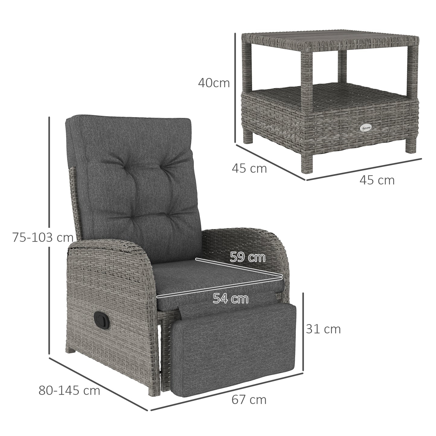Outsunny 2 Seater Outdoor Patio Rattan Wicker Chaise Lounge Set With Cushions No Assembly Grey