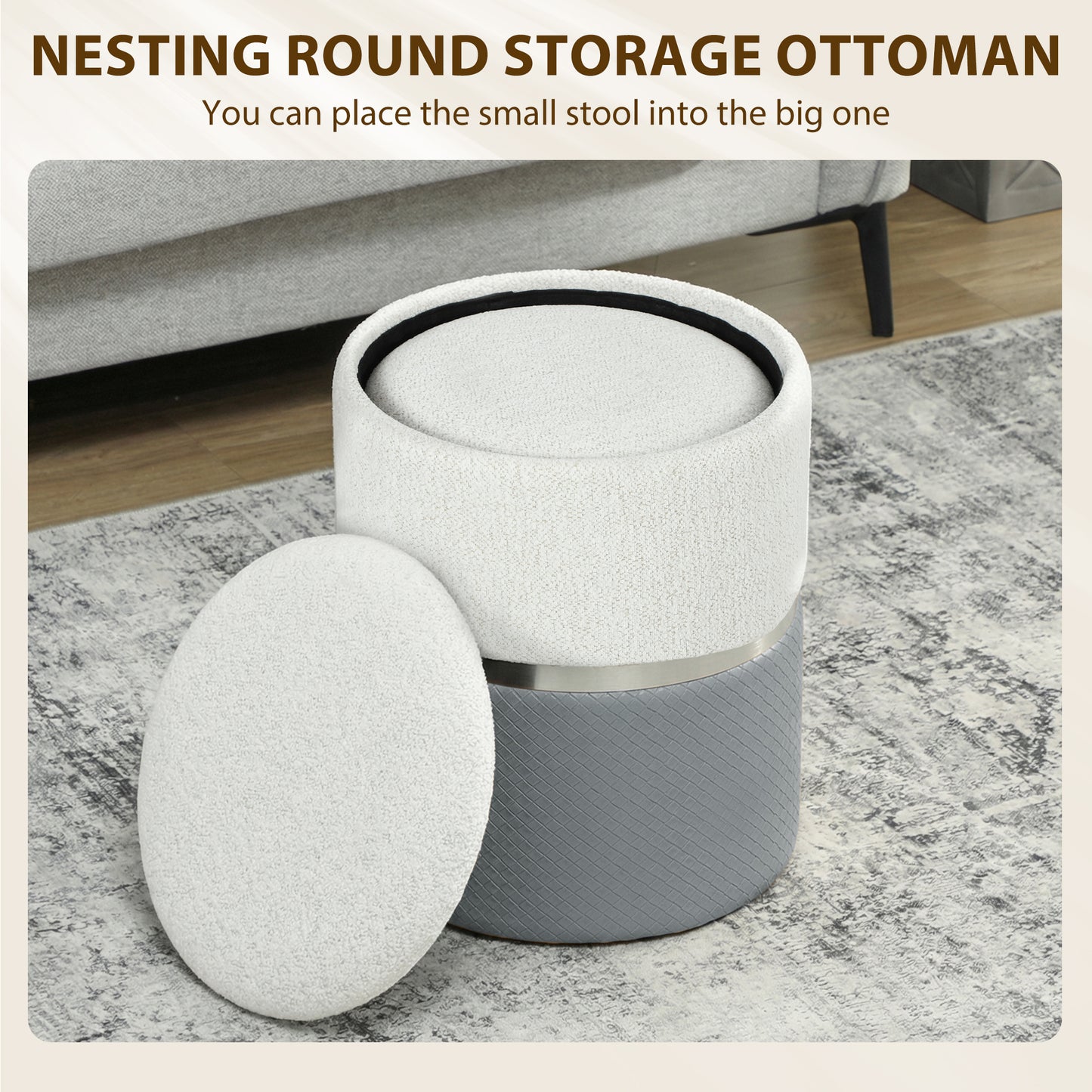 HOMCOM Nesting Round Ottomans With Storage Set Of 2 Cream And Grey Two Tone Upholstered Ottomans