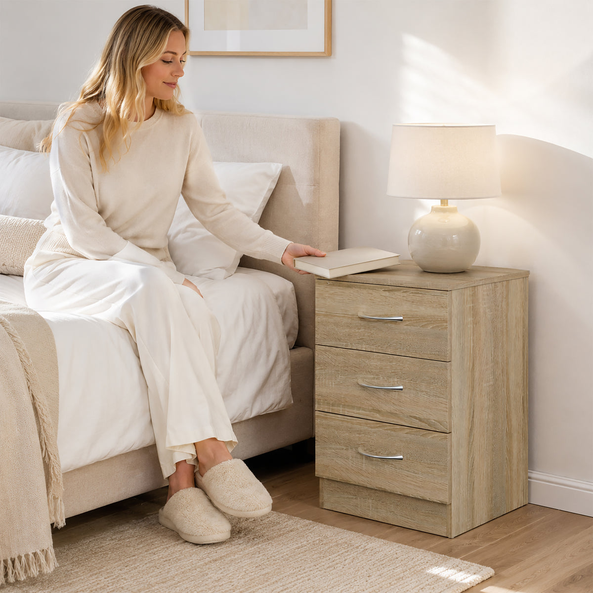HOMCOM Oak Three Drawer Bedside Table Nightstand with Storage