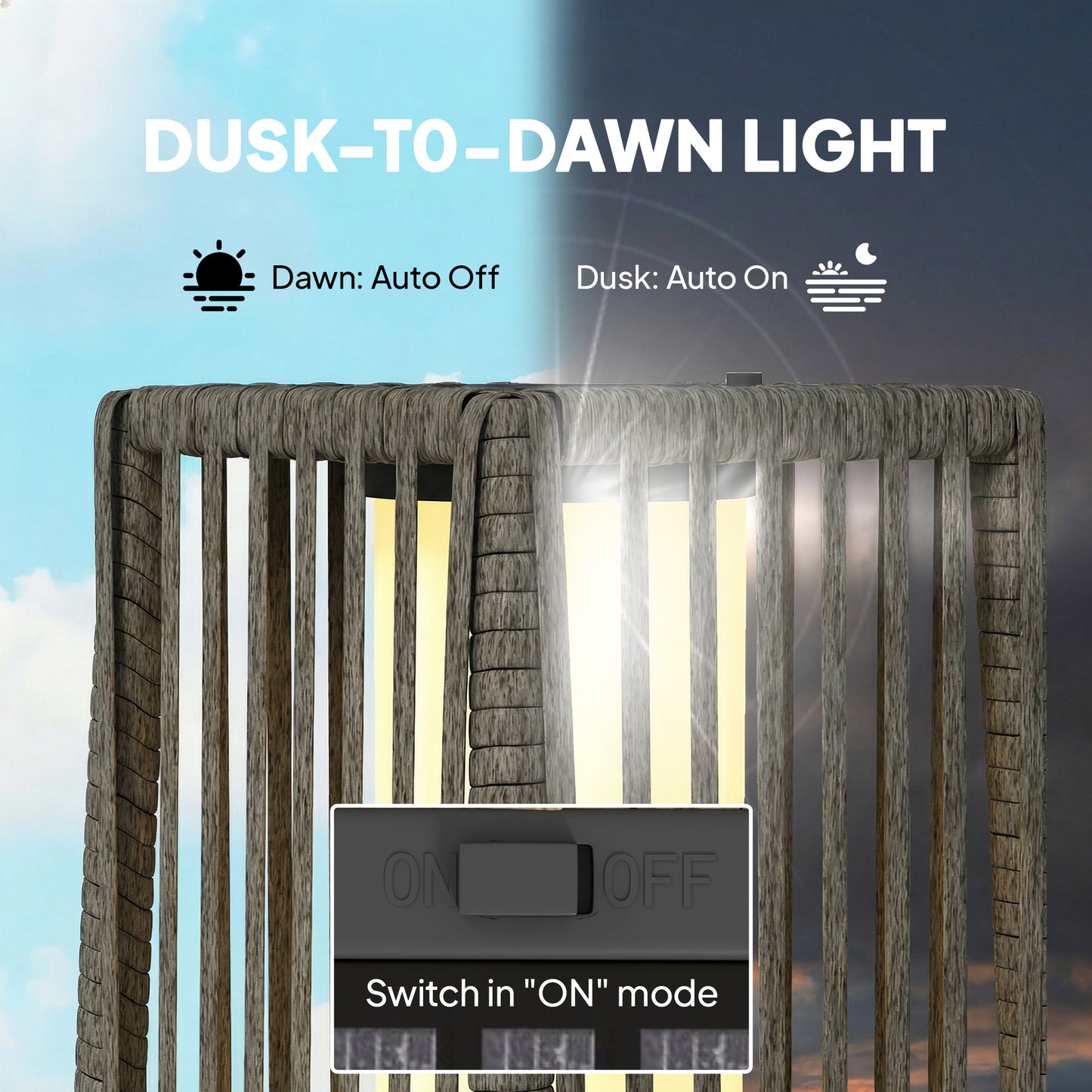 Outsunny Solar Rattan Floor Lamp Outdoor Garden Lantern With Auto On Off LED Lights IP44 Patio Terrace Dark Grey